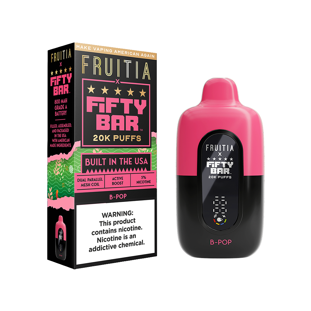 Fifty Bar Fruitia E-Cig Disposable 20000 Puffs 16mL 50mg B Pop with packaging