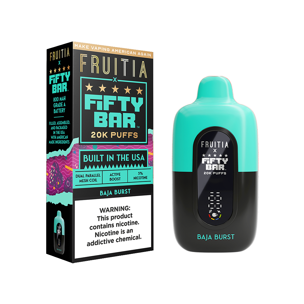 Fifty Bar Fruitia E-Cig Disposable 20000 Puffs 16mL 50mg Baja Burst with packaging