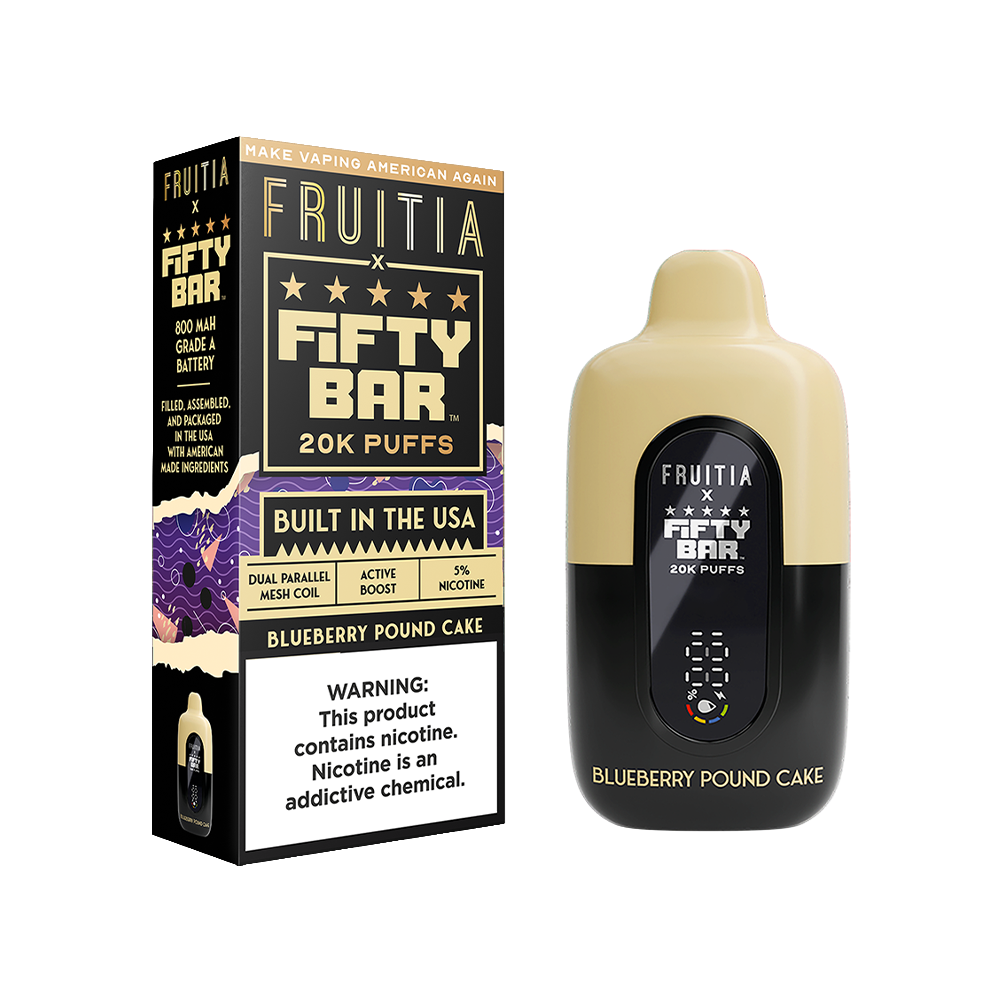 Fifty Bar Fruitia E-Cig Disposable 20000 Puffs 16mL 50mg Blueberry Pound Cake with packaging