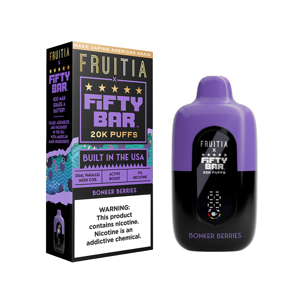 Fifty Bar Fruitia E-Cig Disposable 20000 Puffs 16mL 50mg Bonker Berries with packaging