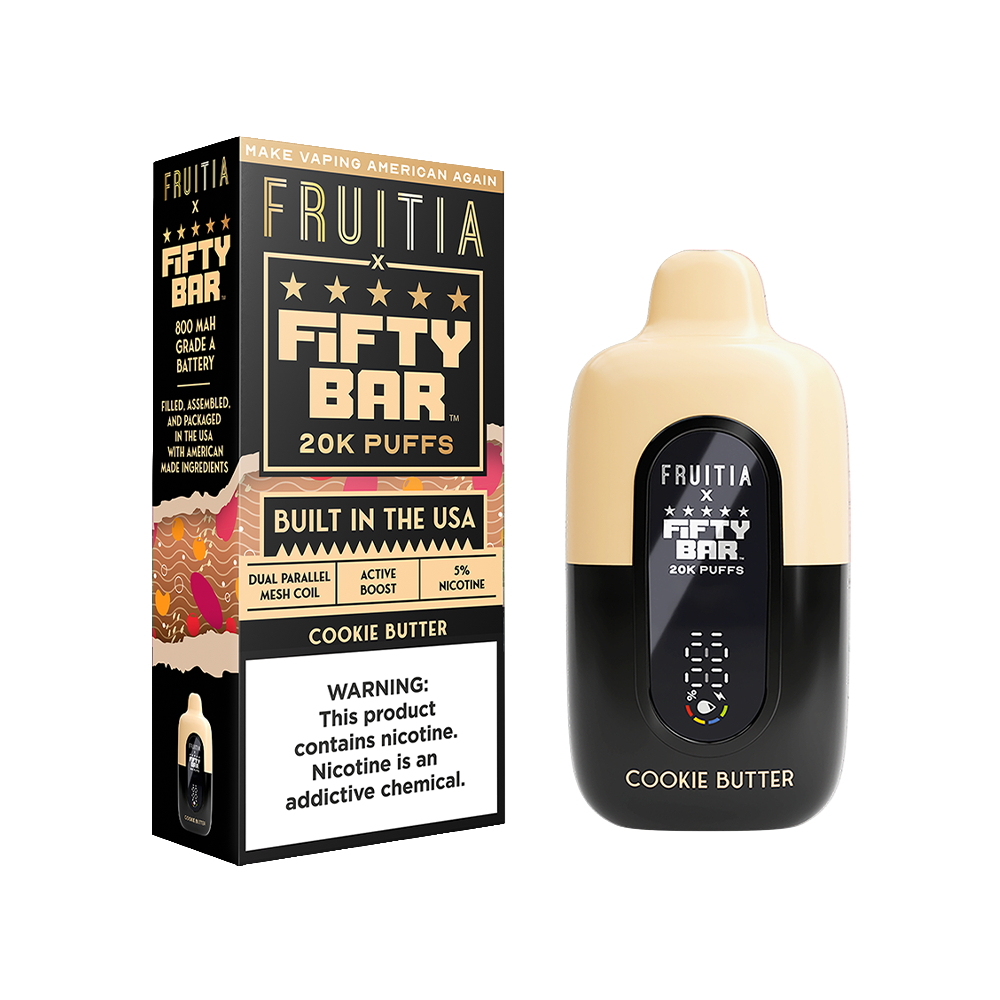 Fifty Bar Fruitia E-Cig Disposable 20000 Puffs 16mL 50mg Cookie Butter with packaging