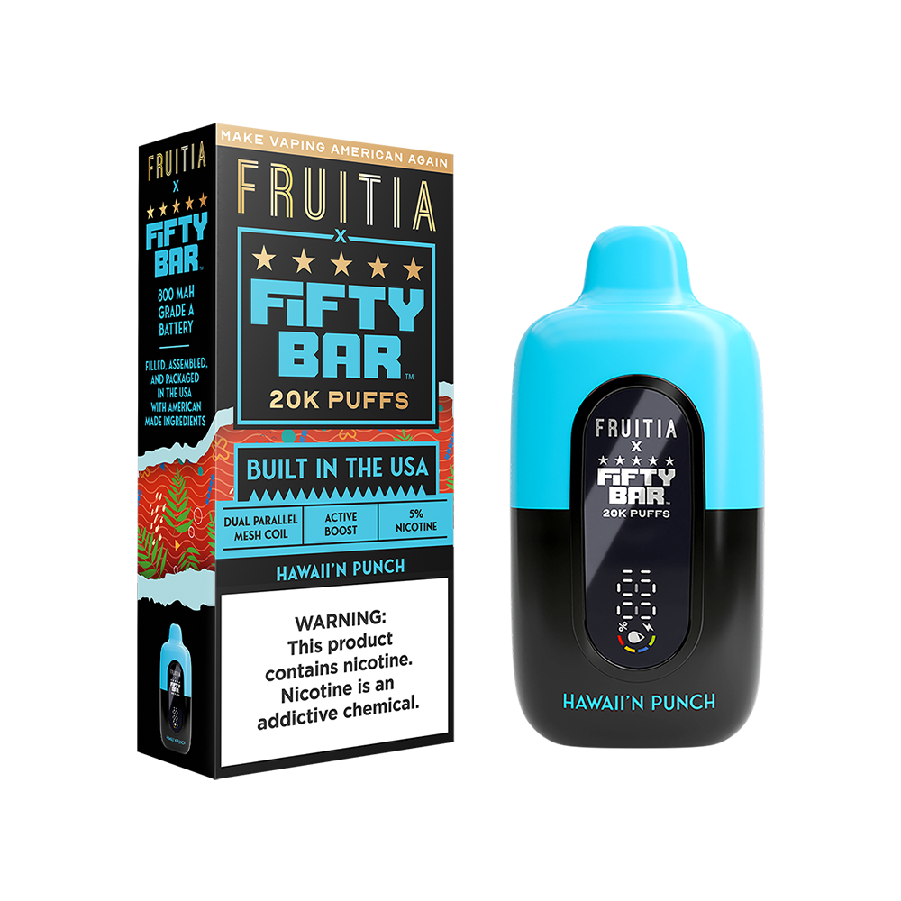 Fifty Bar Fruitia E-Cig Disposable 20000 Puffs 16mL 50mg Hawaii'n Punch with packaging