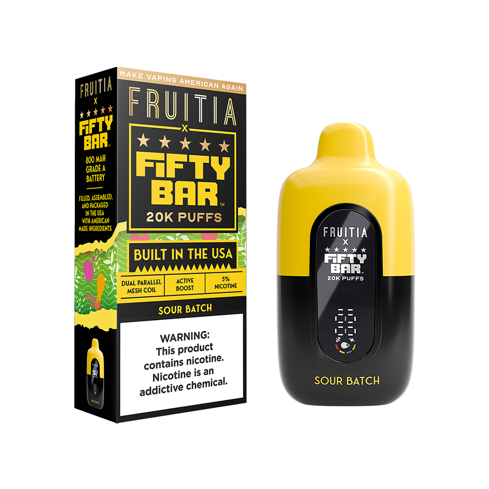 Fifty Bar Fruitia E-Cig Disposable 20000 Puffs 16mL 50mg Sour Batch with packaging