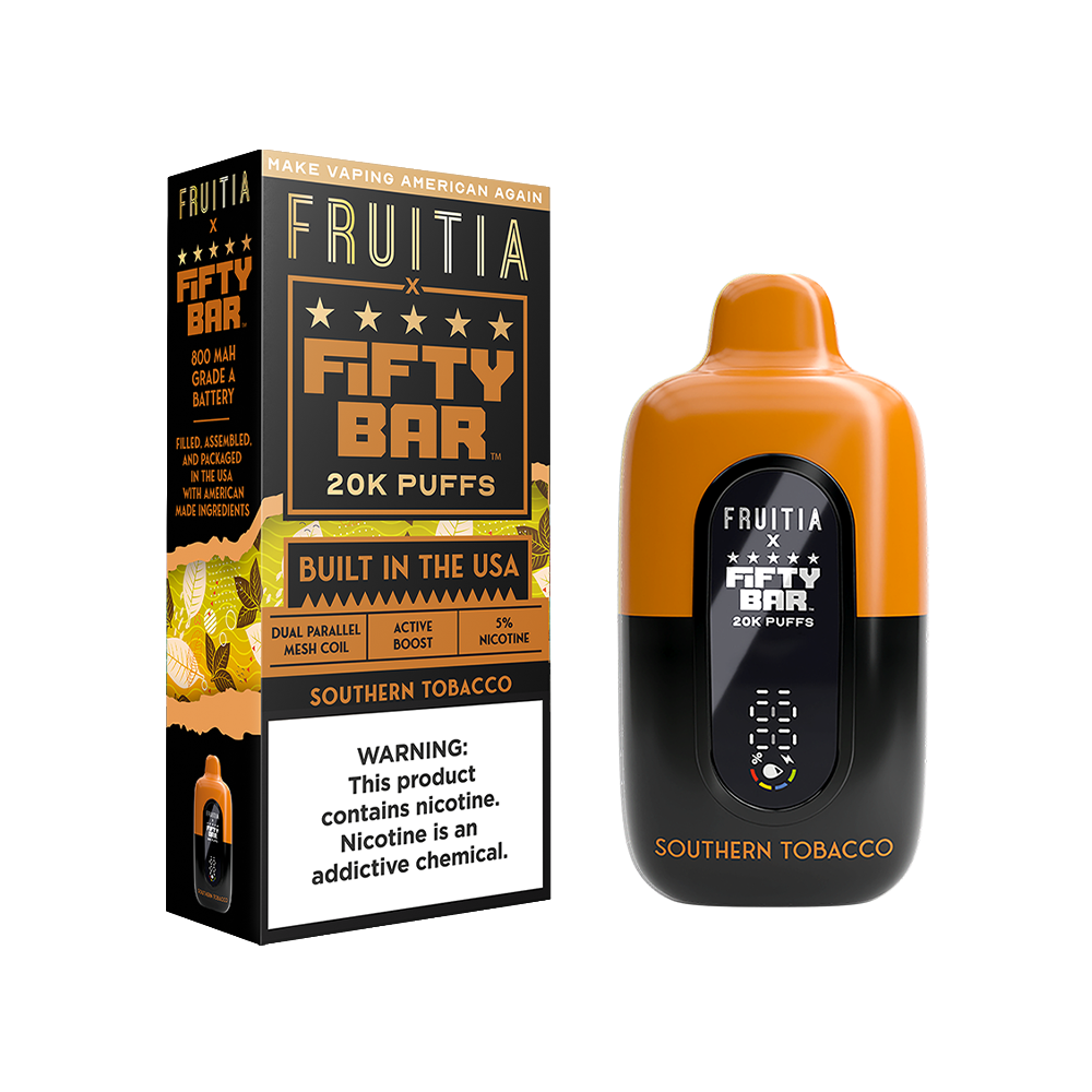 Fifty Bar Fruitia E-Cig Disposable 20000 Puffs 16mL 50mg Southern Tobacco with packaging