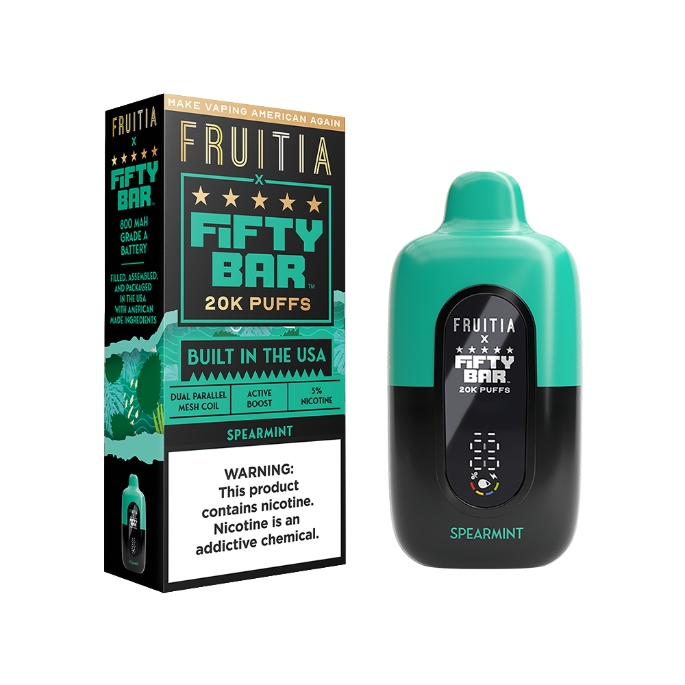 Fifty Bar Fruitia E-Cig Disposable 20000 Puffs 16mL 50mg Spearmint with packaging