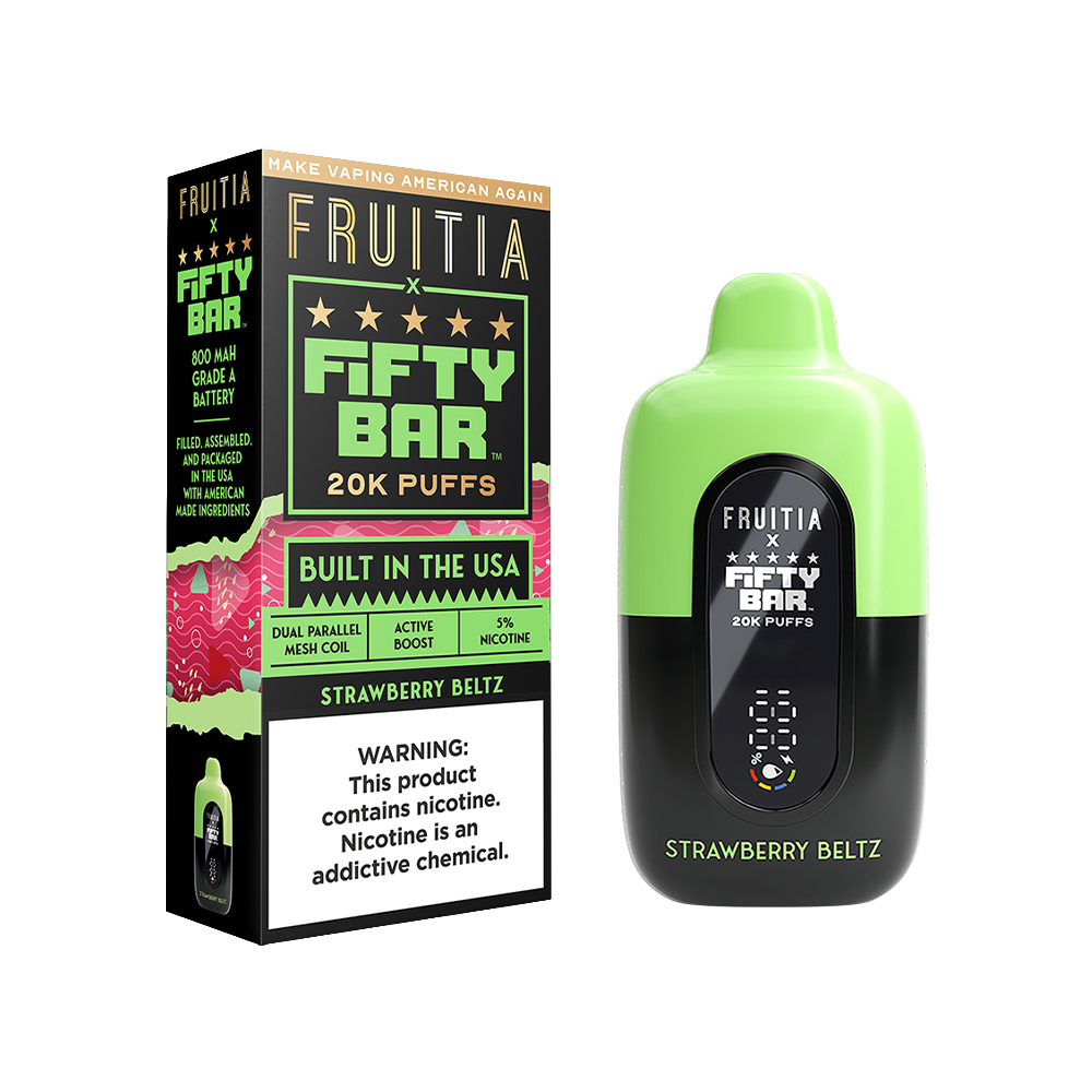 Fifty Bar Fruitia E-Cig Disposable 20000 Puffs 16mL 50mg Strawberry Beltz with packaging