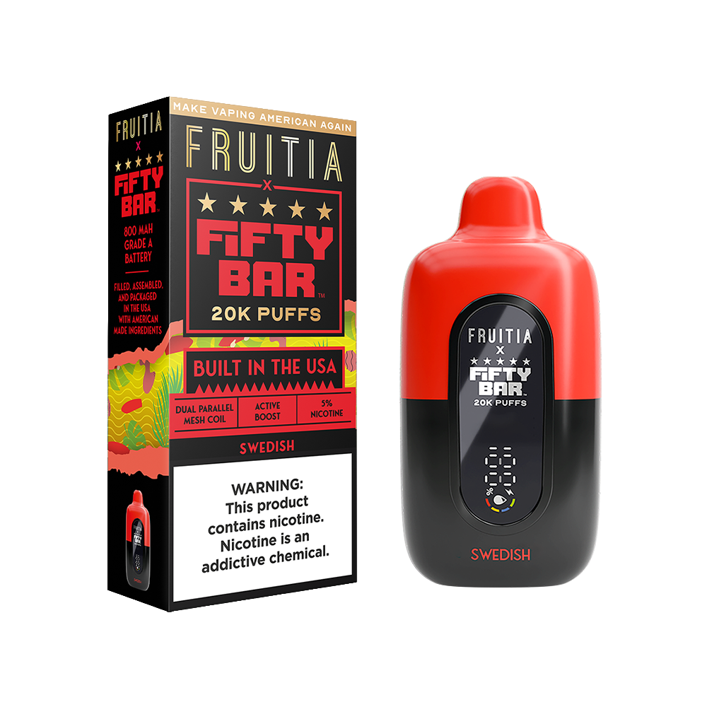 Fifty Bar Fruitia E-Cig Disposable 20000 Puffs 16mL 50mg Swedish with packaging