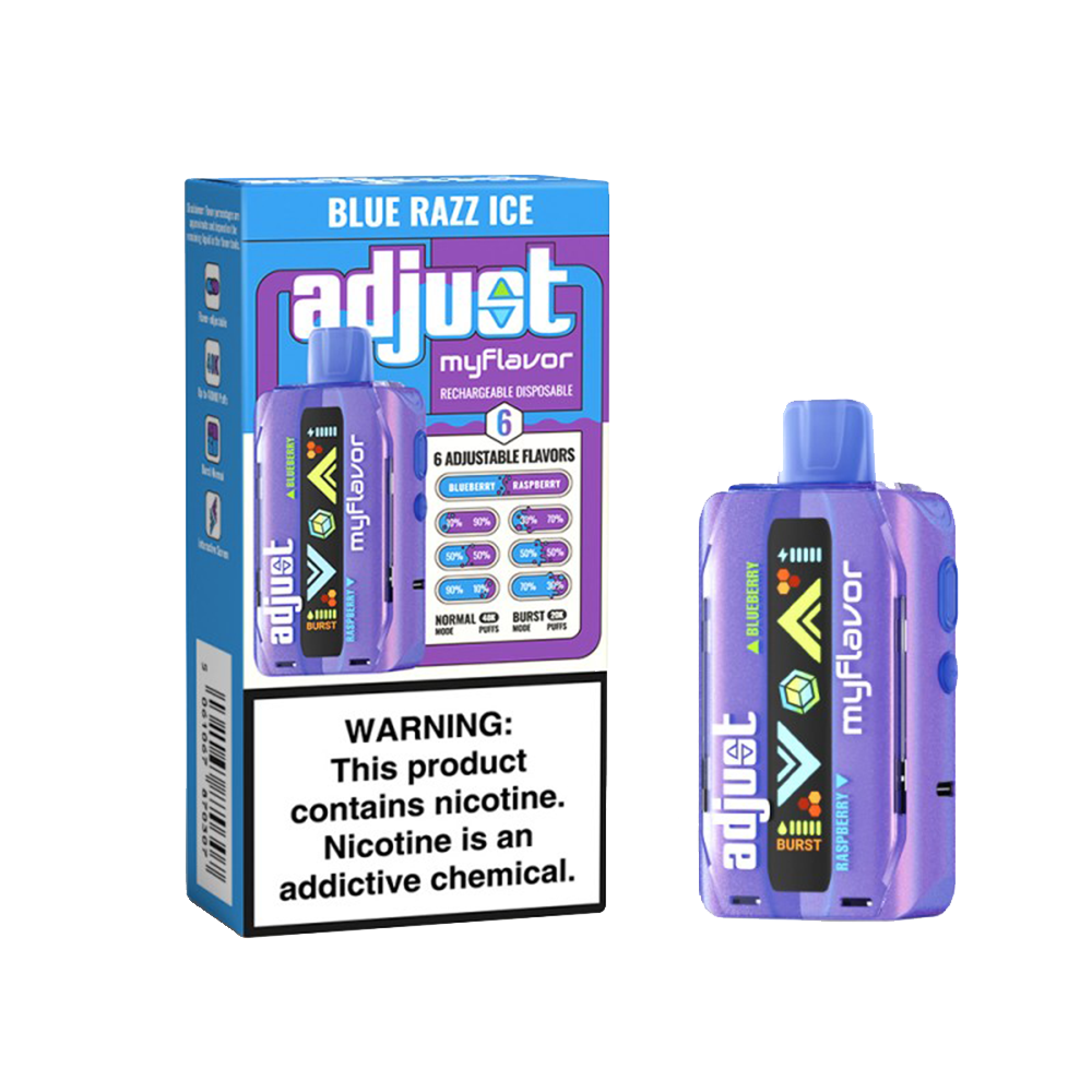 Adjust My E-Cig Disposable 40000 Puff 20mL 50mg My Flavor Blue Razz Ice with packaging