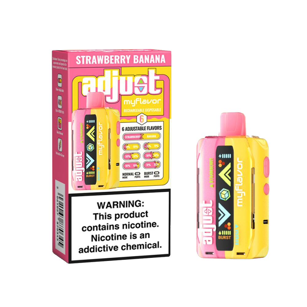 Adjust My E-Cig Disposable 40000 Puff 20mL 50mg Strawberry Banana with packaging