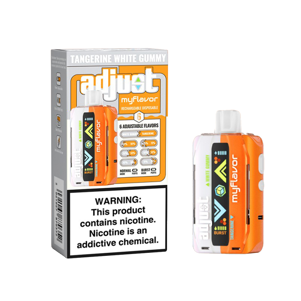 Adjust My E-Cig Disposable 40000 Puff 20mL 50mg Tangerine White Gummy with packaging