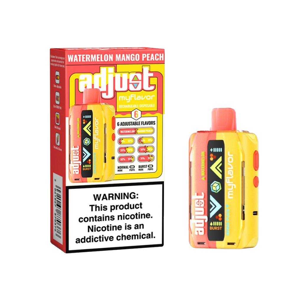 Adjust My E-Cig Disposable 40000 Puff 20mL 50mg  Watermelon Mango Peach with packaging