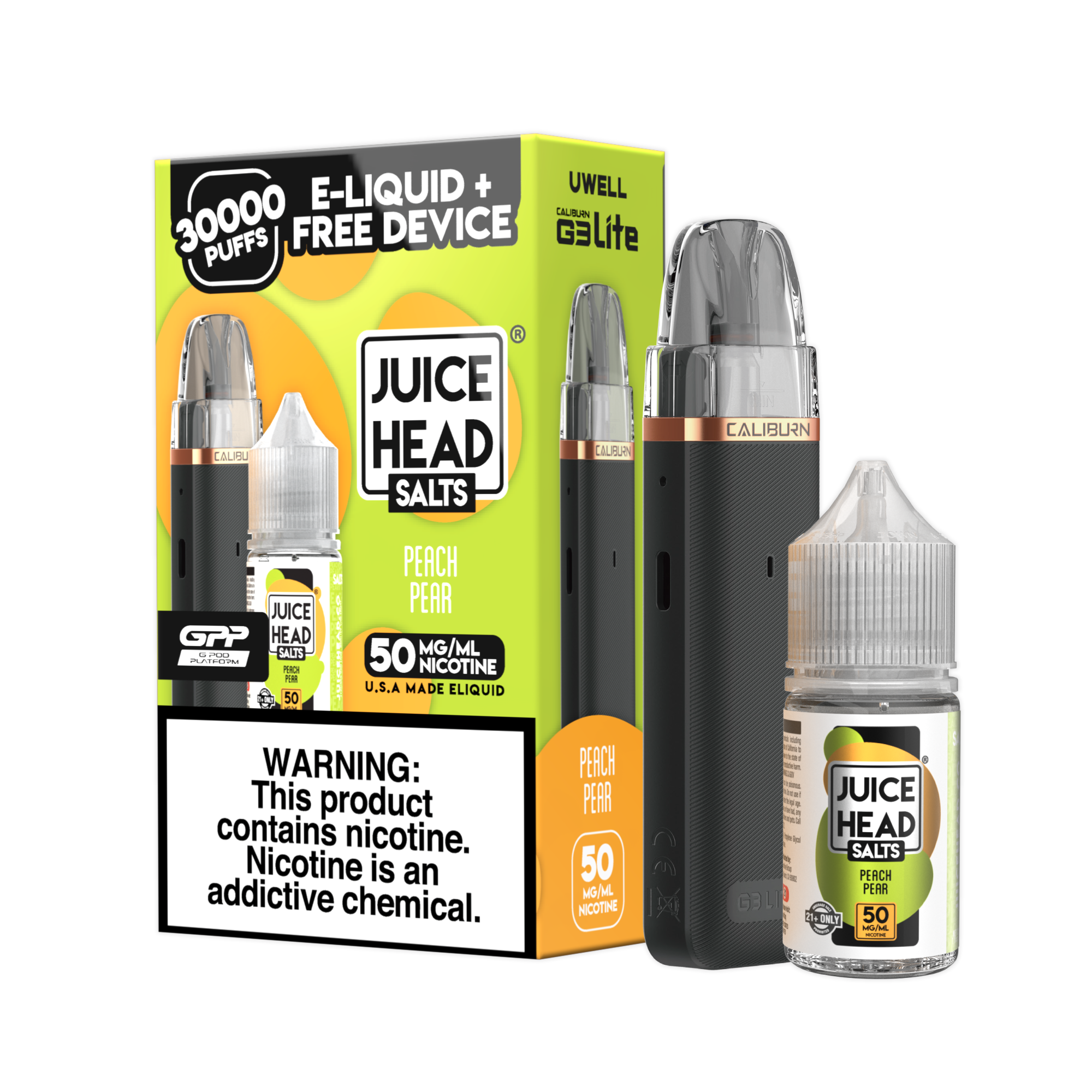 Juice Head Uwell Caliburn G3 Lite 30mL Combo Set Peach Pear 50mg bottle with packaging