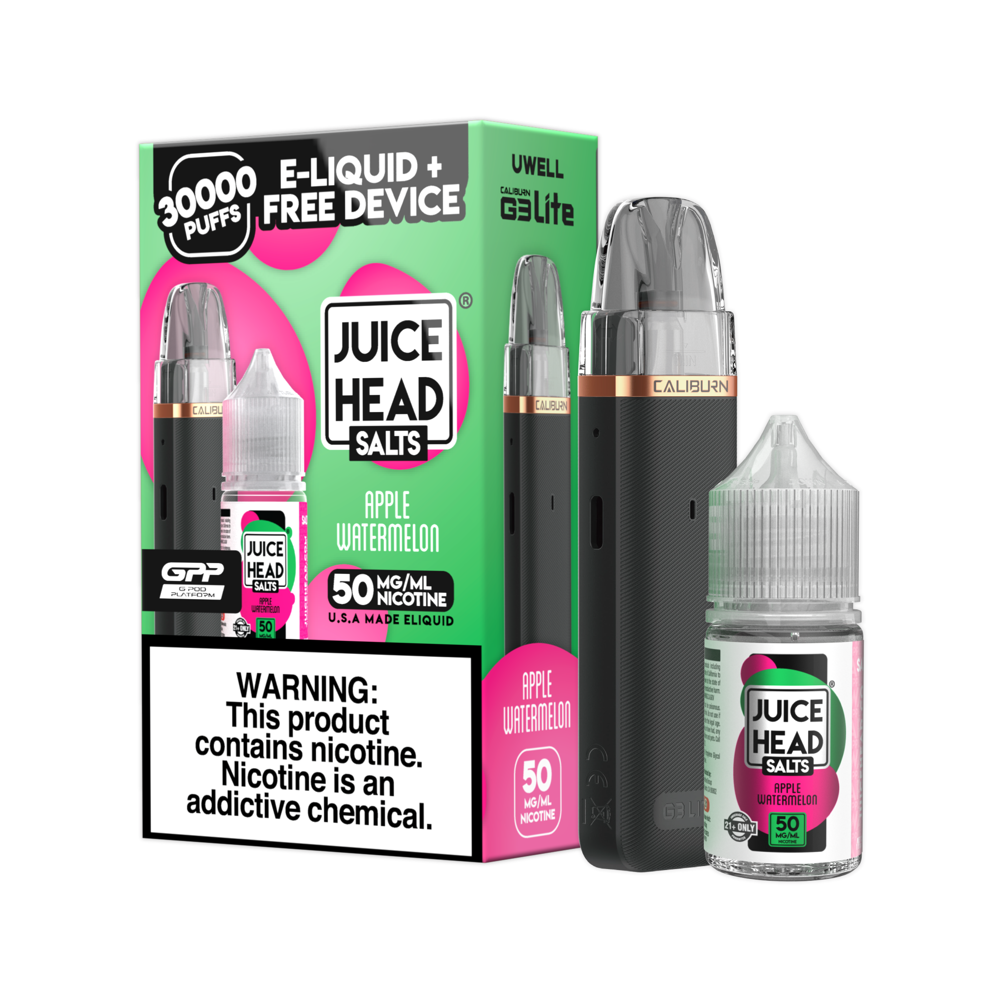 Juice Head Uwell Caliburn G3 Lite 30mL Combo Set Apple Watermelon 50mg bottle with packaging