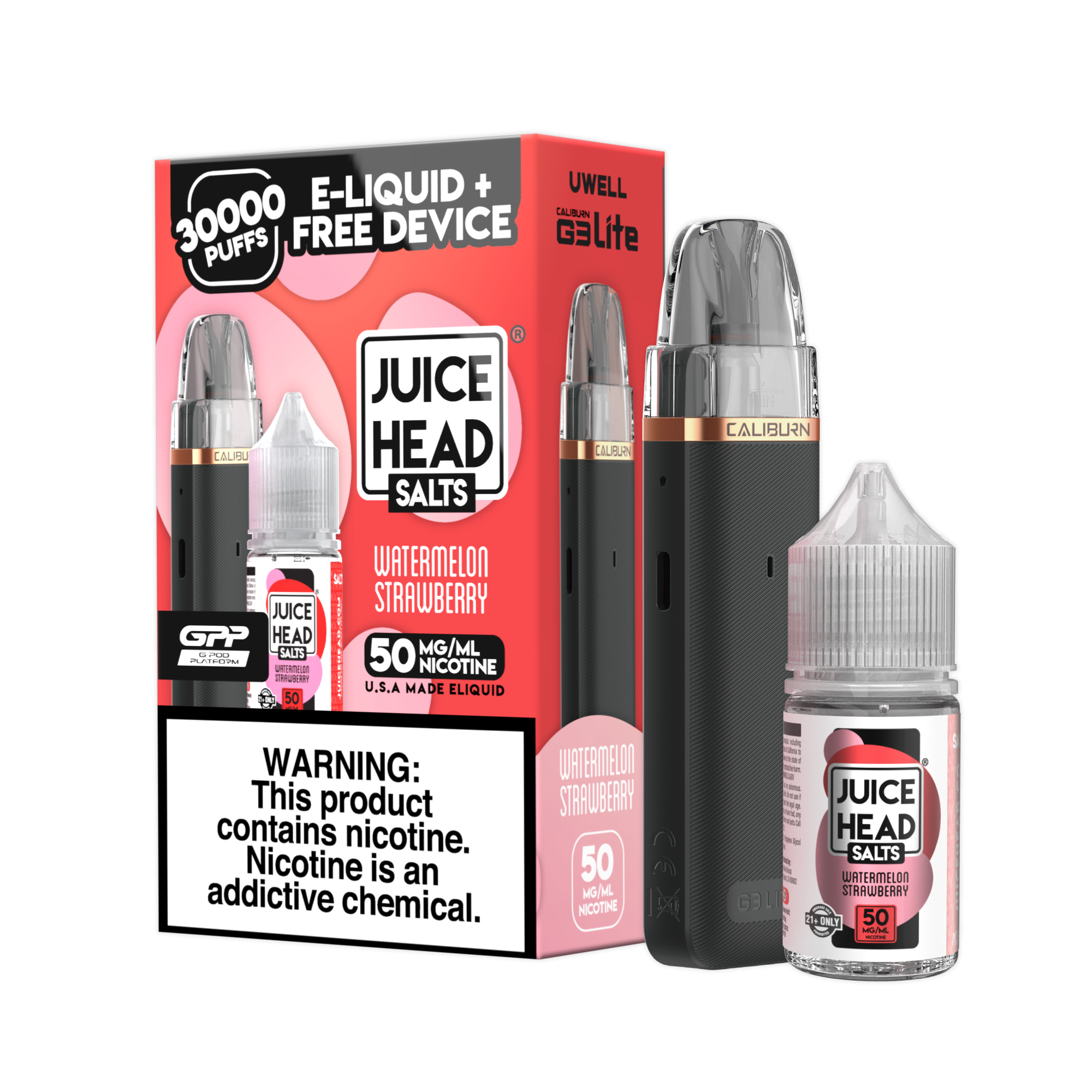 Juice Head Uwell Caliburn G3 Lite 30mL Combo Set Watermelon Strawberry 50mg bottle with packaging