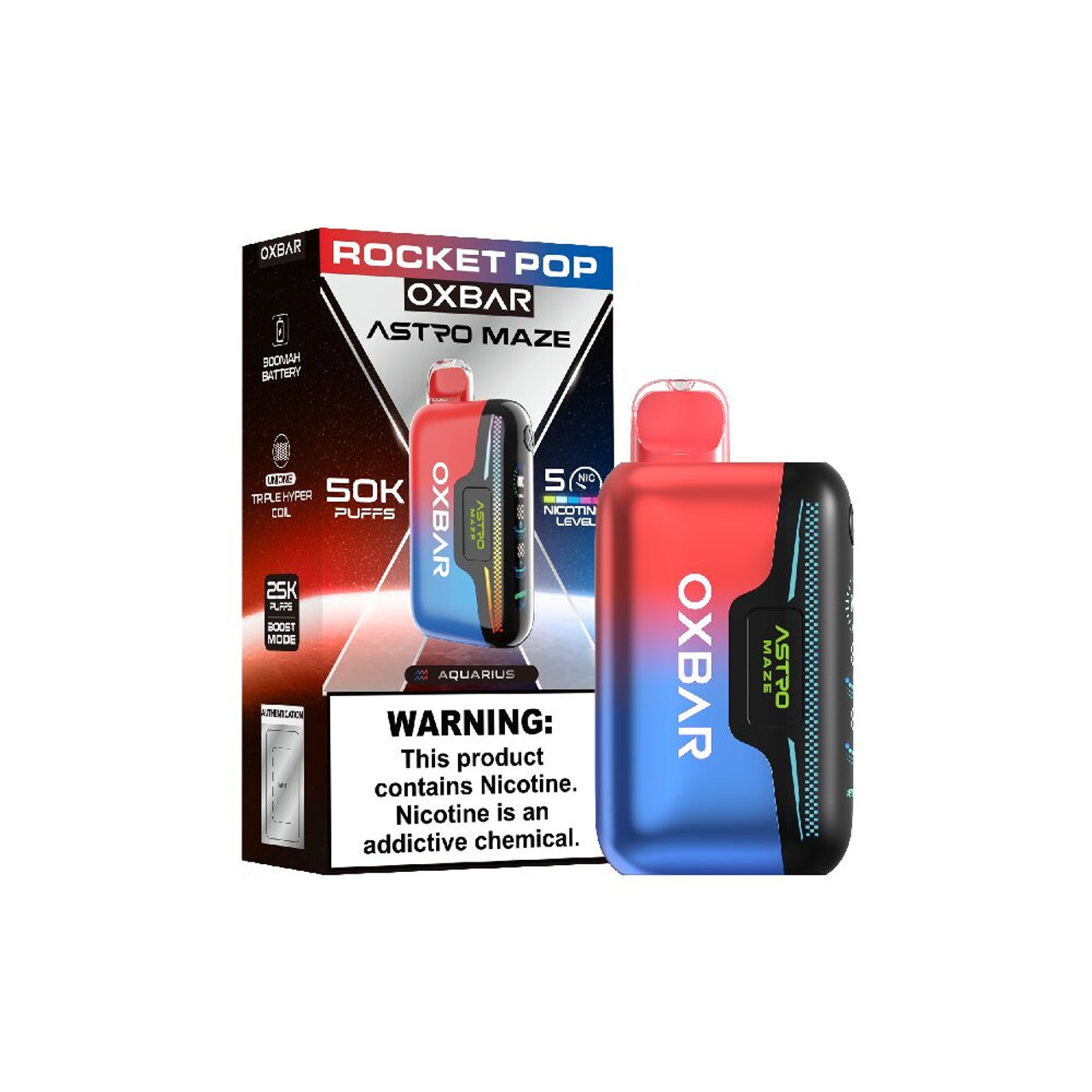 Oxbar Astro Maze 50K Disposable Rocket Pop with packaging