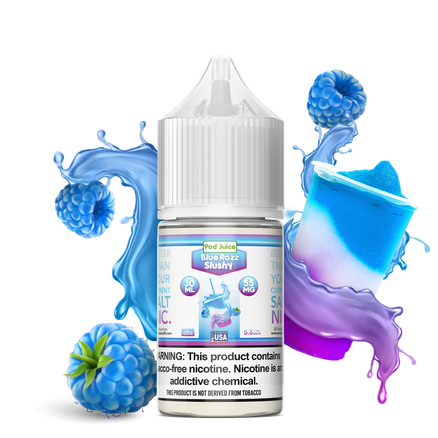 Blue Razz Slushy by Pod Juice Salts Series 30mL Bottle with background