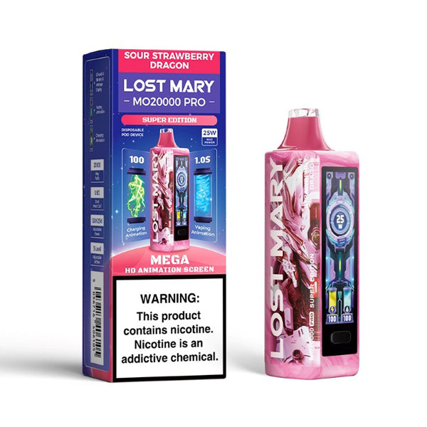 Lost Mary MO20000 Pro E-Cig Disposable 20000 Puffs 18mL 50mg sour strawberry dragon with packaging