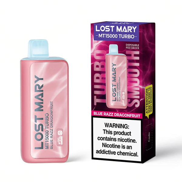 Lost Mary MT15000 Turbo E-Cig Disposable 15000 Puff 16mL 50mg blue razz dragonfruit with packaging