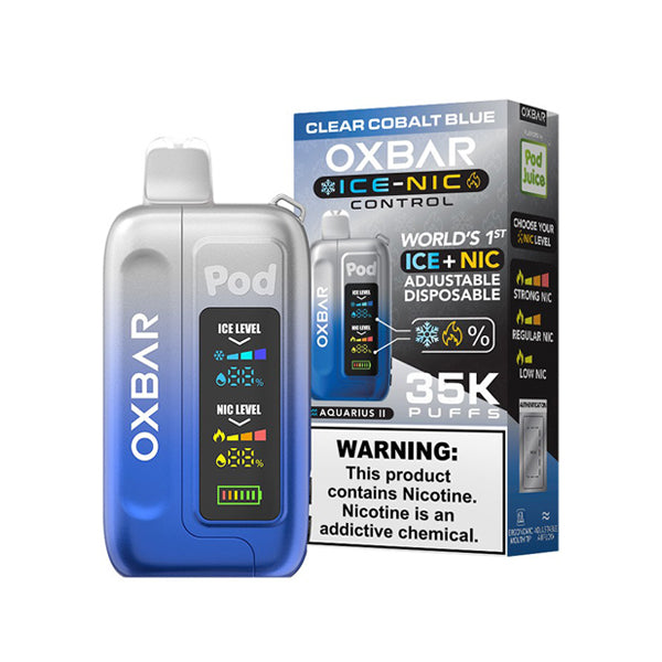 Oxbar Ice-Nic Control Pod Juice Edition E-Cig Disposable 35000 Puffs 14mL 50mg Clear Cobalt Blue with packaging