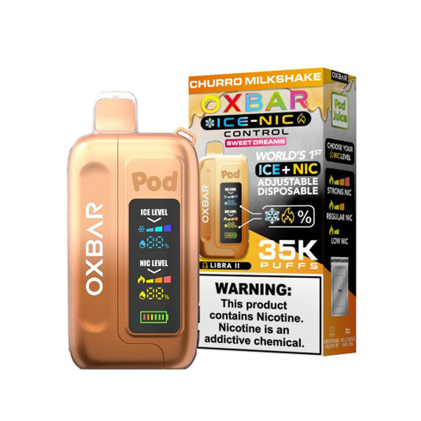 Oxbar Ice-Nic Control Pod Juice Edition E-Cig Disposable 35000 Puffs 14mL 50mg churro milkshake with packaging