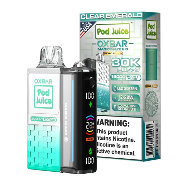 Oxbar Magic Maze 2.0 Pod Juice E-Cig Disposable 30000 Puffs 13mL 50mg Clear Emerald with packaging