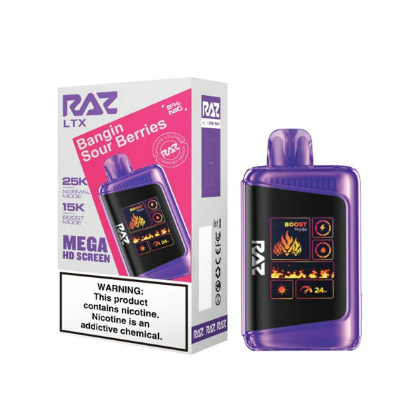 RAZ LTX 25K E-Cig Disposable 25000 Puffs 16mL 50mg bangin sour berries with packaging