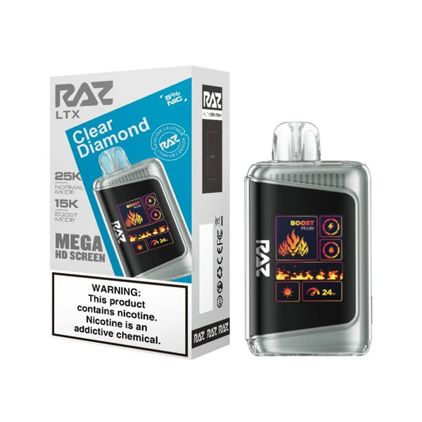 RAZ LTX 25K E-Cig Disposable 25000 Puffs 16mL 50mg clear diamond with packaging