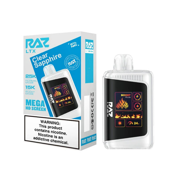 RAZ LTX 25K E-Cig Disposable 25000 Puffs 16mL 50mg clear sapphire with packaging