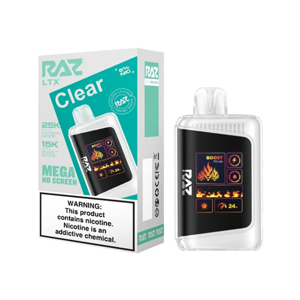 RAZ LTX 25K E-Cig Disposable 25000 Puffs 16mL 50mg clear with packaging