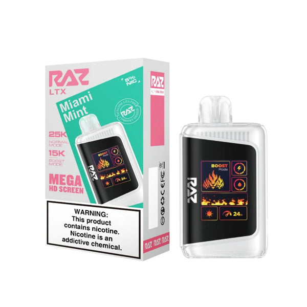 RAZ LTX 25K E-Cig Disposable 25000 Puffs 16mL 50mg miami mint with packaging