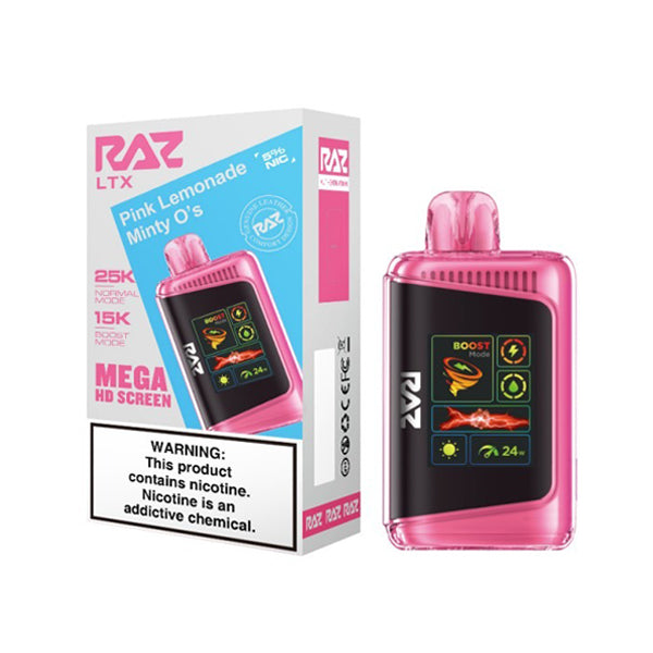 RAZ LTX 25K E-Cig Disposable 25000 Puffs 16mL 50mg pink lemonade minty o's with packaging