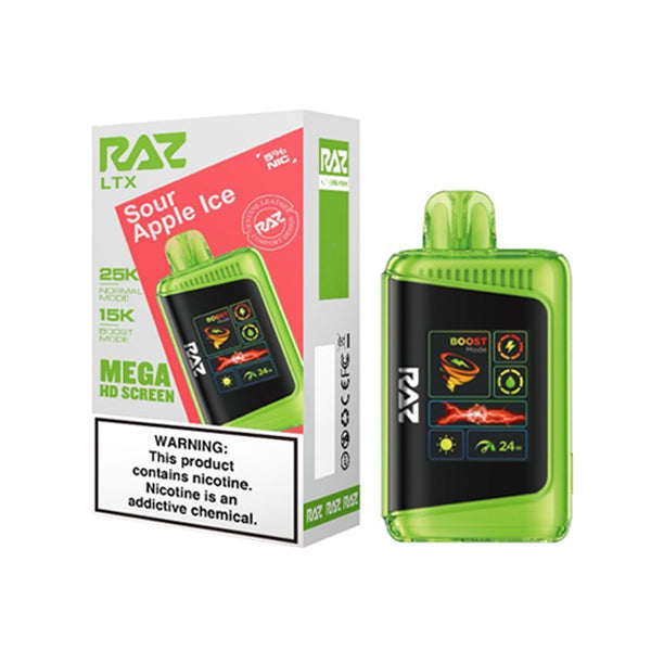 RAZ LTX 25K E-Cig Disposable 25000 Puffs 16mL 50mg sour apple ice with packaging