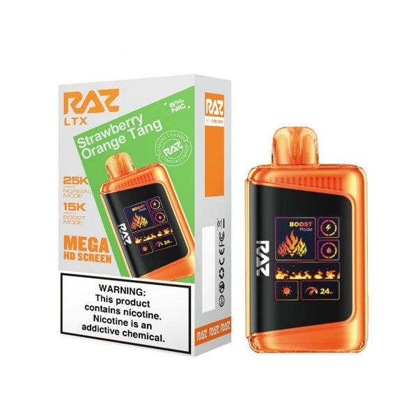 RAZ LTX 25K E-Cig Disposable 25000 Puffs 16mL 50mg strawberry orange tang with packaging