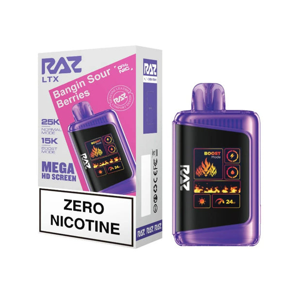 RAZ LTX 25K E-Cig Disposable 25000 Puffs 16mL 0mg bangin sour berries with packaging