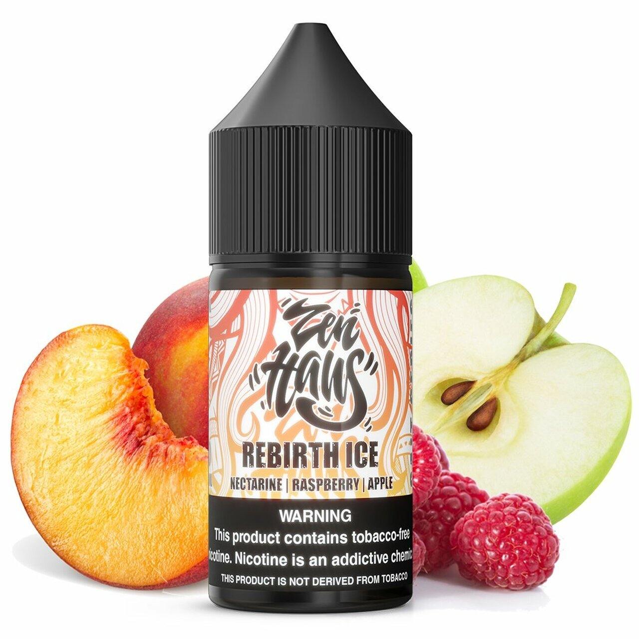 Rebirth ICE by ZEN HAUS SALTS E-Liquid 30ml Bottle with background